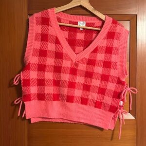 Adorable Pink Plaid Sweater Vest with Side Ties
